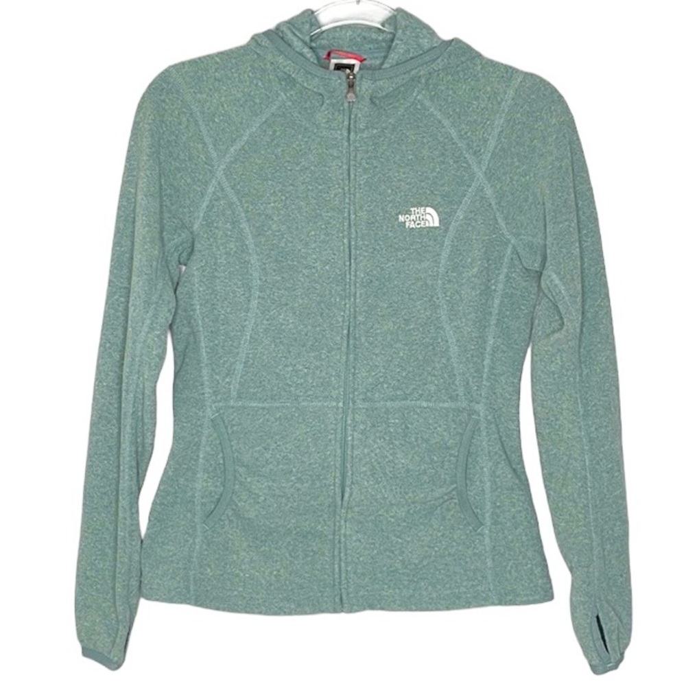 THE NORTHFACE LIGHTWEIGHT FLEECE ZIP UP HOODIE GREEN THUMB HOLES SZ S.   FLAW